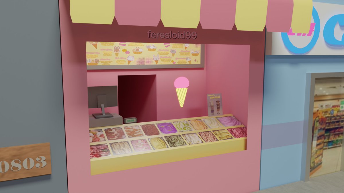 Feresloid99's tweet photo. I made my husband a  whole videogame for our anniversary, part 2 !!!
Here's a zoom in of the ice cream shop, and a cute little bunny you can find in the alleyway!
#blender #b3d #art
#gamedev #indiegame https://t.co/963QnMTTey