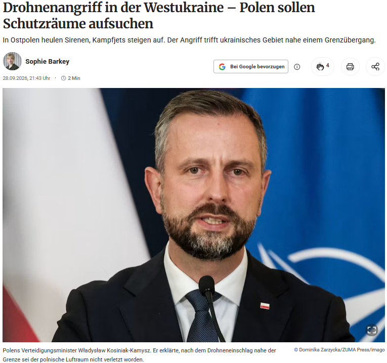 PeterBorbe's tweet photo. Was für ein erbärmliches Propagandaspektakel: Die Menschen in Ostpolen werden durch Sirenen aufgescheucht, sollen in Schutzräume gehen, Kampfjets steigen auf. Später werden die Warnungen dann zurückgenommen, nach Behördenangaben bestand auf polnischem Gebiet keine Gefahr, der polnische Luftraum sei nicht verletzt worden.
Man will die Menschen aber schon mal in den Kriegsmodus versetzen, die ständige Feindbedrohung soll spürbar werden, damit die Regierung ungestört auf eine Kriegsbeteiligung hinarbeiten kann.
https://t.co/v3maN8v9WX