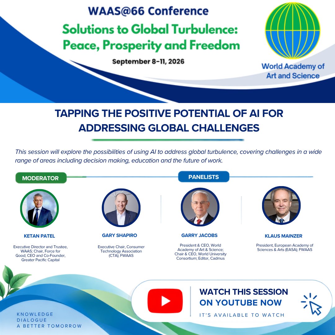 _WAAS_'s tweet photo. 🎥 Watch now: https://t.co/yRZmz4EpNE

🤖 How can AI help address today’s global challenges?

Watch “Tapping the Positive Potential of AI for Addressing Global Challenges” from the WAAS@66 Conference. 

#WAAS66 #ArtificialIntelligence #AIforGood #GlobalChallenges https://t.co/wWJnCw77Xw