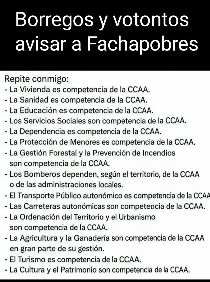 juanisuarez14's tweet photo. Venga que se sepa a quién corresponde las competencias d las CCAA 
Hay algun@s con carreras universitarias q NO lo saben ¿ Ignorancia o maldad??Es más fácil culpar a Pedro Sánchez y  lavarse las manos https://t.co/ETrk4LoJ8l