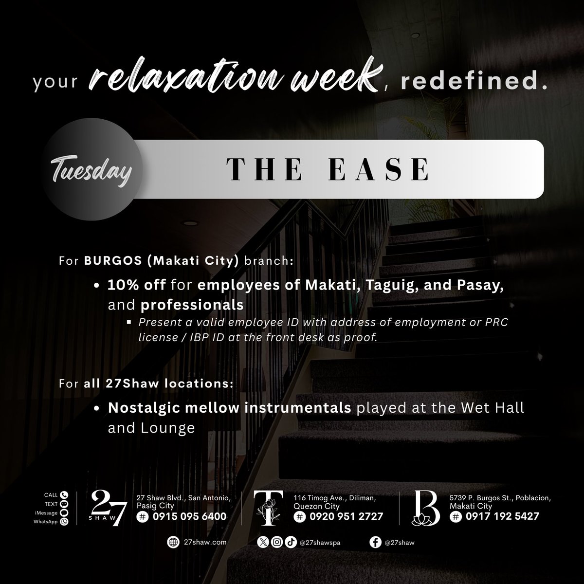 27shawspa's tweet photo. Tuesday, let the day unfold with ease. 🖤
Step into “The Ease”—a refined respite from the workday, with exclusive offers for employees and professionals. 👨🏻💻
✨ https://t.co/8v8vA6YPLp
#ThisIs27Shaw
#27Shaw #Tby27Shaw #Bby27Shaw https://t.co/86nVFQsCau
