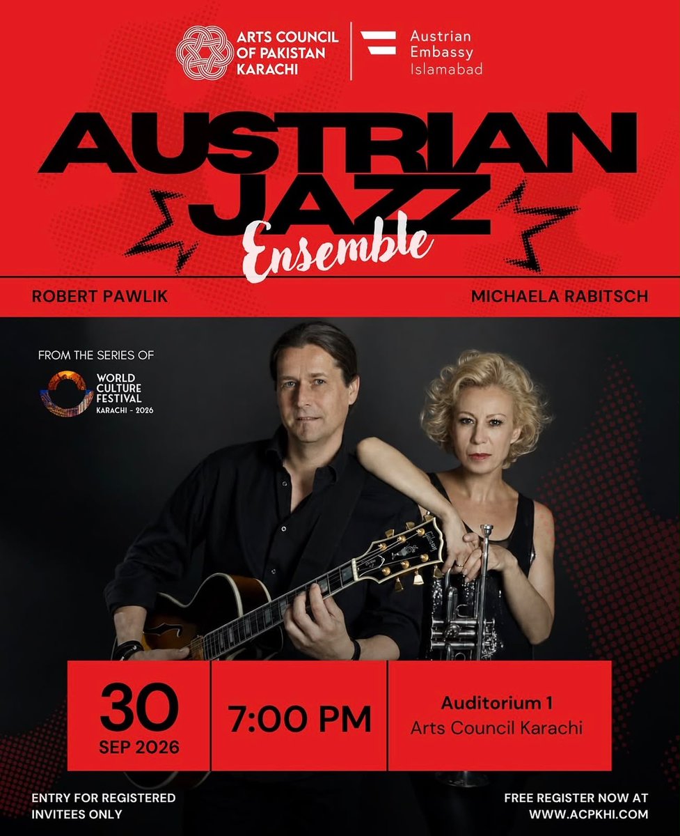 AustriaInPAK's tweet photo. From Islamabad and Lahore to Karachi! 🇦🇹🎺

Proud to support Michaela Rabitsch &amp; Robert Pawlik at the World Culture Festival:

🎓 Masterclass: 29 Sept | 6 pm | Studio 2
🎶 Concert: 30 Sept | 7 pm | Auditorium 1
📍 Arts Council Karachi

Register: https://t.co/exTm5AvOGV https://t.co/24yIirHX8s