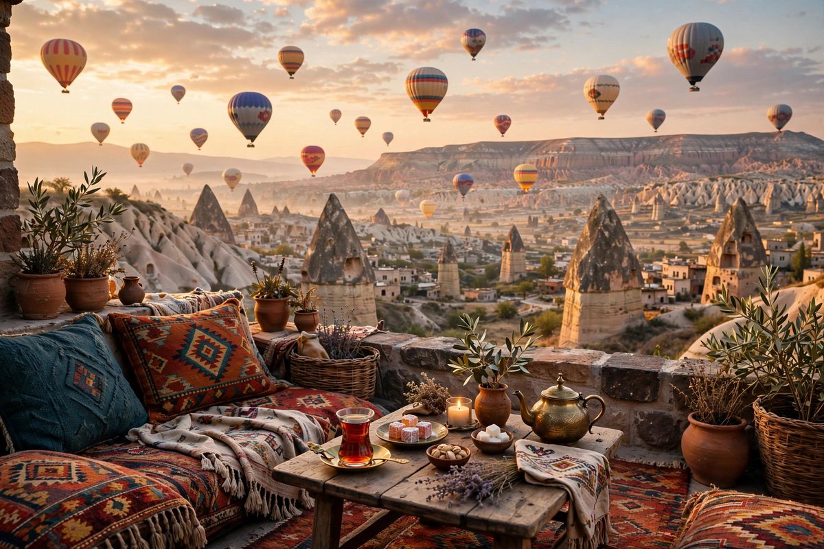 DreamyNooks's tweet photo. Mornings in Cappadocia hits different 🎈☕️

Turkish tea, fairy chimneys, and 100 balloons in the sky at sunrise...
Is this even real?

Would you wake up at 5am for this view?

#turkey #cappadocia #turkiye #hotairballoons #turkishtea #dreamynooks #travelturkey #aesthetic #sunrise https://t.co/CoA9kJfusF