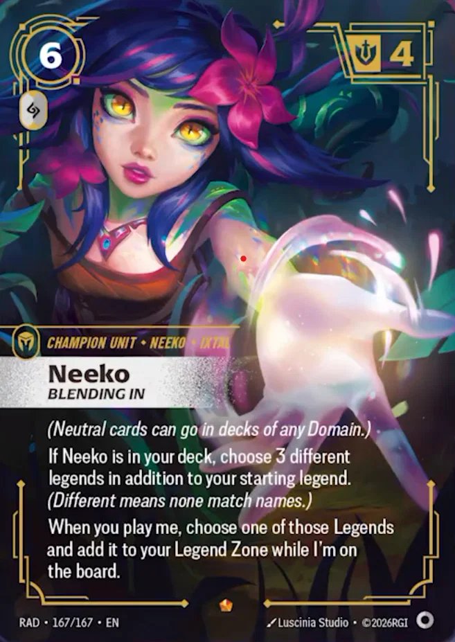 RiftNiz's tweet photo. Reaction speed Neeko to base is neat #Riftbound

Throw out Yi for the +2 on defense, could be cool in Ahri- though Reinforce is just not good :// https://t.co/4poKcKiKTG