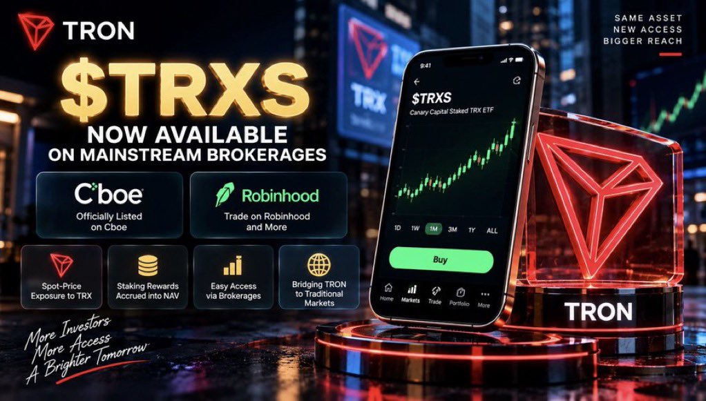 ObinaGMI's tweet photo. 𝗪𝗵𝗲𝗻 $TRXS Creates A New Route To TRX Exposure

Access is one of the biggest pieces of the digital-asset adoption puzzle. An asset can have an established ecosystem behind it, but different investors may still want different ways to gain exposure.

That is what makes the $TRXS story interesting.

The graphic presents the Canary Capital Staked TRX ETF as a bridge between TRON and traditional brokerage infrastructure, creating another pathway for market participants to access TRX exposure without necessarily interacting with the underlying blockchain directly.

𝗙𝗿𝗼𝗺 TRON To Traditional Markets

The structure highlighted in the visual brings several elements together:

TRX → $TRXS → Brokerage Access → Traditional Market

The product is shown as officially listed on Cboe and available for trading through Robinhood and other platforms. It also highlights spot-price exposure to TRX, with staking rewards accrued into the fund’s NAV.

That combination creates an interesting connection between an on-chain asset and familiar financial-market interfaces.

𝗪𝗵𝘆 Access Matters

Different participants have different preferences.

A crypto-native user may be comfortable holding TRX directly, interacting with wallets and using TRON applications. Another investor may already operate through a traditional brokerage account and prefer accessing digital-asset exposure through an exchange-listed product.

Neither pathway needs to eliminate the other.

Instead:

TRON Ecosystem → Multiple Access Routes → More Potential Participants

That is where products such as $TRXS can become part of a broader market-access story.

𝗧𝗵𝗲 Bigger Picture

The significance goes beyond a ticker appearing on a brokerage screen.

It represents another point of connection between TRON’s blockchain economy and traditional financial infrastructure. As these worlds develop alongside each other, bridges between them can make digital assets accessible through increasingly familiar channels.

The visual says it simply: same asset, new access, bigger reach.

$TRXS adds another pathway for TRX exposure while highlighting how blockchain assets can increasingly interact with established financial markets.

@trondao @justinsuntron #TRONEcoStar