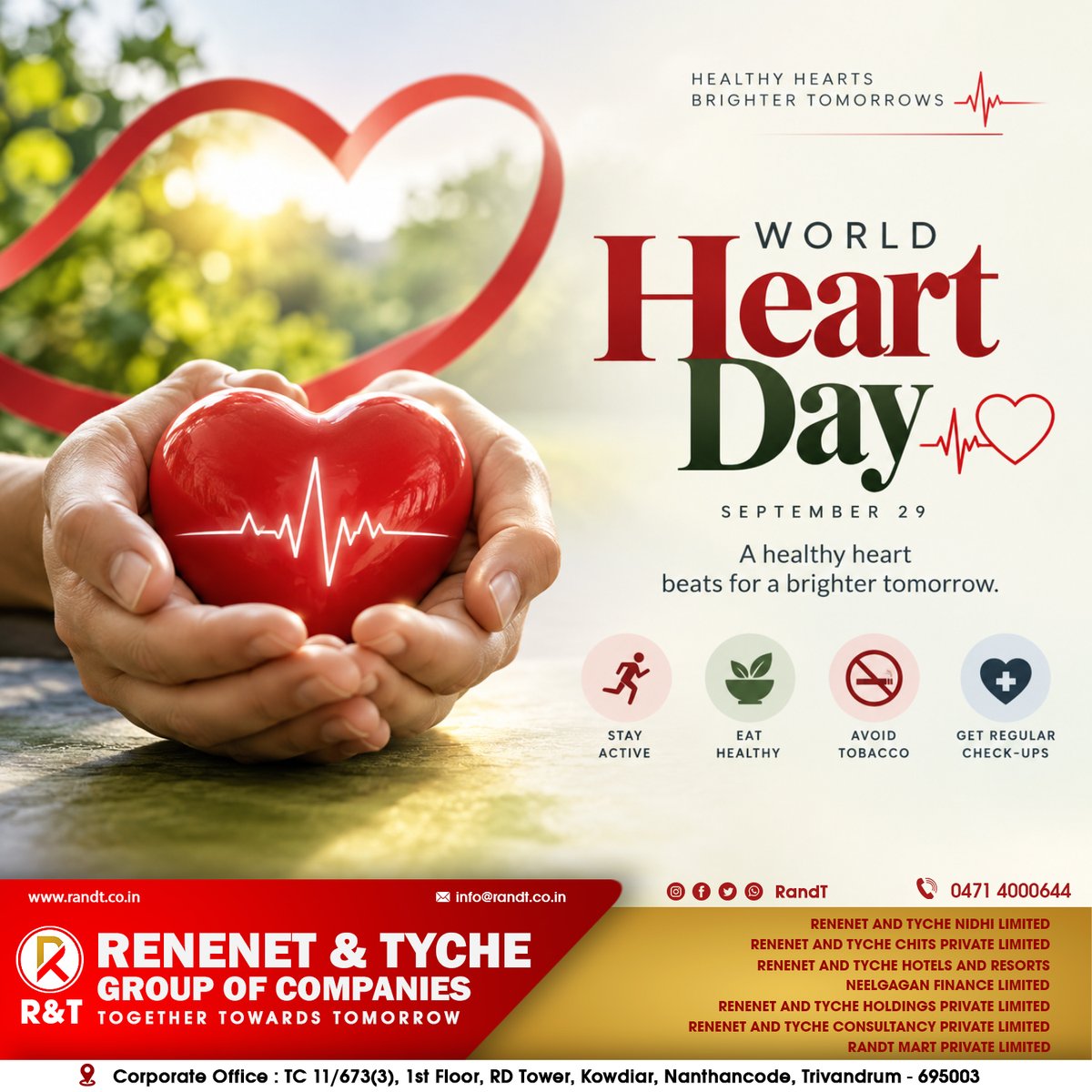 RandT_Group's tweet photo. ❤️🫀 Every heartbeat matters.

This #WorldHeartDay, make heart health a daily priority. Stay active, eat well, manage stress, and keep up with regular health checks. Care for your heart. Protect your tomorrow.❤️#HeartHealth #HealthyHeart #HeartCare #LoveYourHeart #HealthAwareness https://t.co/LxOjrA9wq3