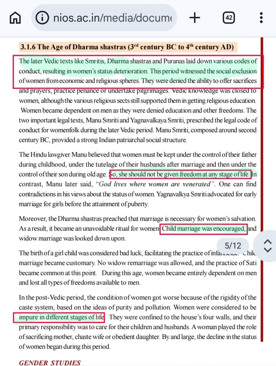 DecodeSatya's tweet photo. ❗️Directy from NIOS board website

Subject: Gender studies
Topic: The Age of Dharm Shastra

As per govt books, 

- Dharma Shastras caused deteriorated women's status.
- Dharma Shastra encouraged child marriage.
- Women were considered impure.

This is being taught in Modi's yuga. https://t.co/9uERkO6lvm