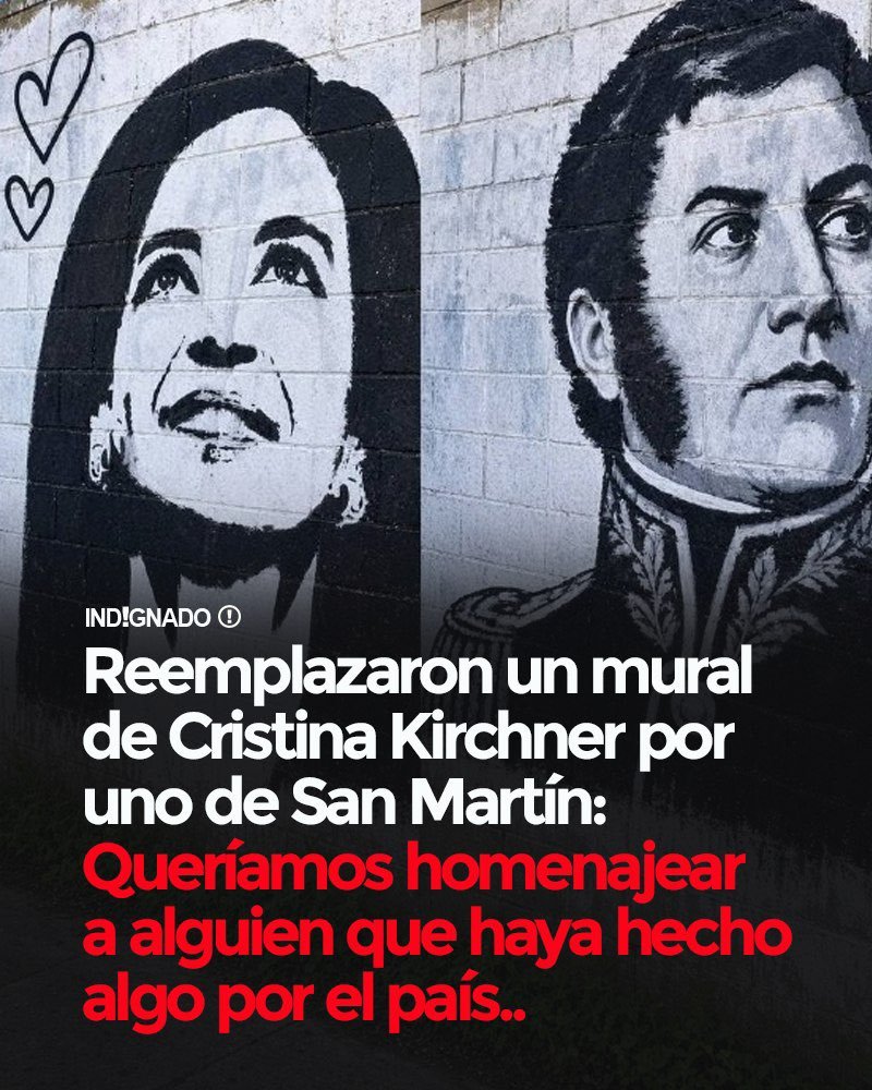 PabloRossiLN's tweet photo. ¡REEMPLAZARON un mural de CFK por uno de San Martín!

“Queríamos homenajear a alguien que haya hecho algo por el país”

¿Qué opinás de este accionar?

1- ¡EXCELENTE!
2- NO ESTOY DE ACUERDO https://t.co/IvideyHMd5