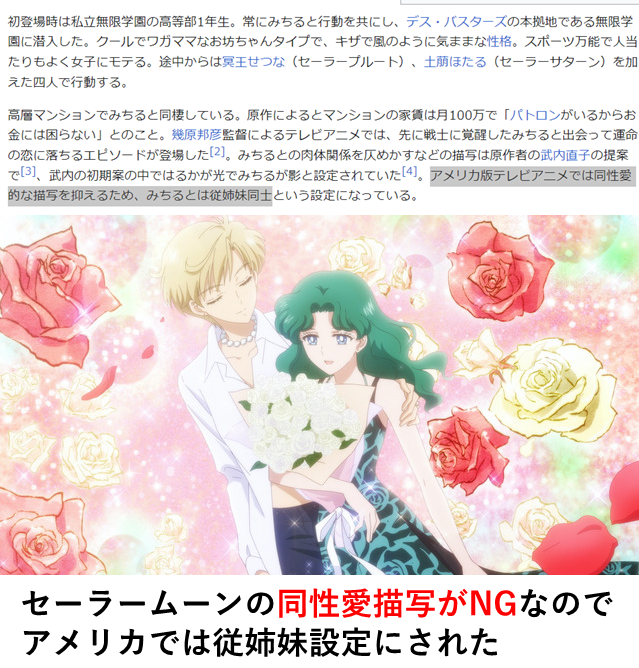 yabusameri's tweet photo. 日本では同性愛表現を普通にできますがアメリカではNGなので従姉妹に改変されたセーラームーンとか御存じですか。 https://t.co/4F6osDLqUL