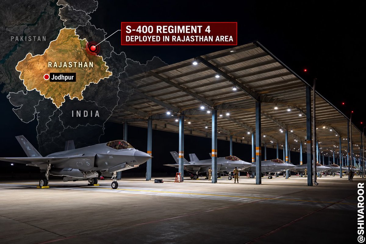 ShivAroor's tweet photo. Fun fact: The 2 weapons America insisted could never coexist are now in the same Indian battlespace.

These six 🇺🇸 F-35 stealth fighters at Jodhpur for Exercise Tarang Shakti are the closest these jets have ever gotten to active S-400 cover.

(⚠️Inaccurate AI map/Representation) https://t.co/KuAju6ixOX