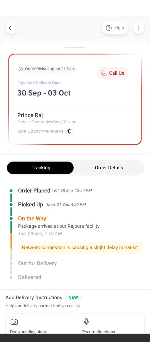 Ak16804332's tweet photo. Worst service ever! @Delhivery Your courier was picked up on 21 Sep, reached the Rajpura facility on 29 Sep, and is still delayed due to “network congestion.” The promised delivery window is 26 sep. This is extremely frustrating and unacceptable. Please resolve this ASAP. https://t.co/6n64WcoQcp