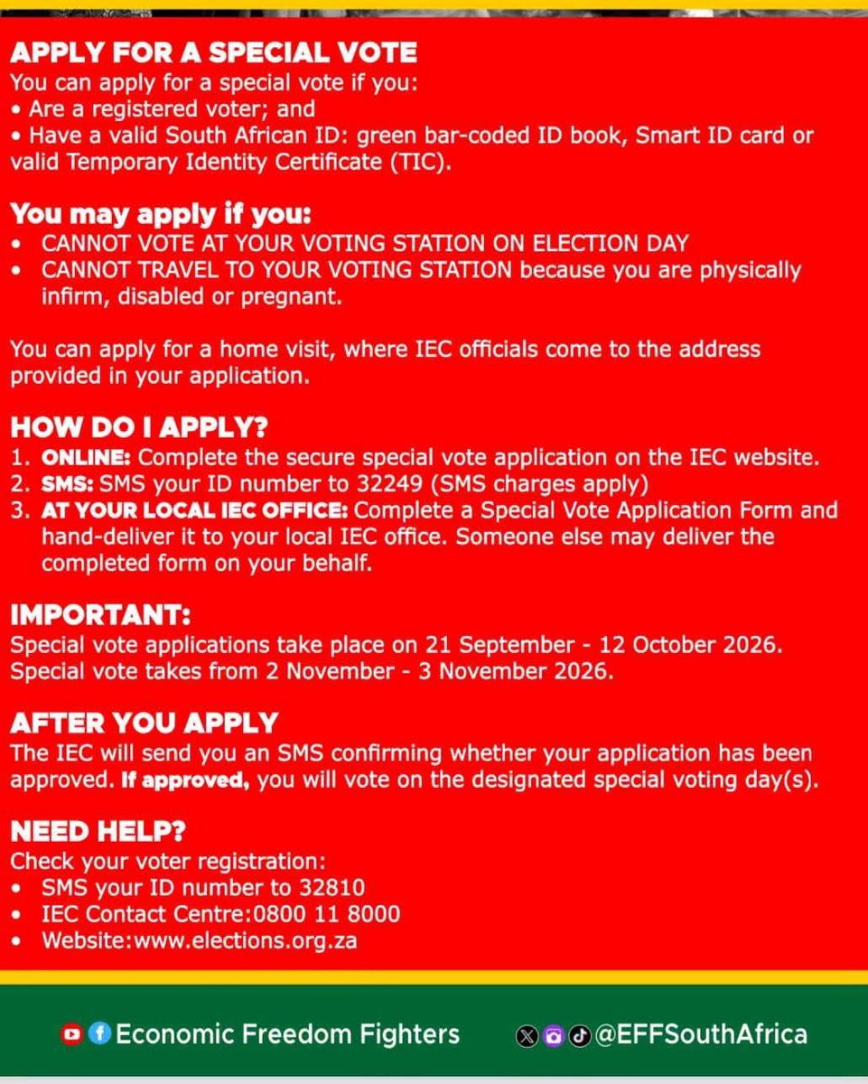 GardeeGodrich's tweet photo. Lets go South Africa.....Monday 2 November is for home visits for viters like those who are senior citizens, the disabled, sick and pregnant. The 3rd November is voting station visists for workers in critical areas, emergency and those who may be travelling or busy on the 4th November.