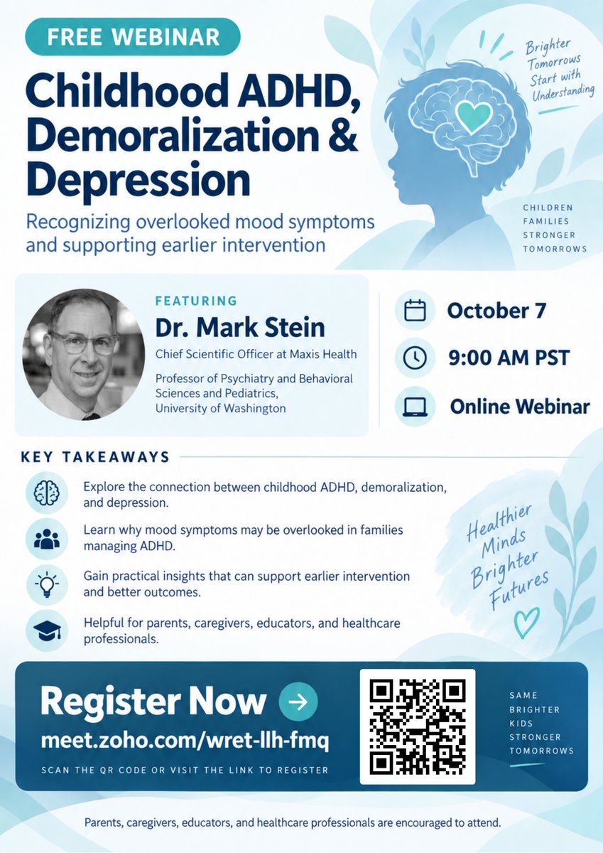 maxishealth's tweet photo. Join us for a FREE webinar on Childhood ADHD, Demoralization &amp; Depression on October 7 at 9:00 AM PST. https://t.co/PmNhuCZet2