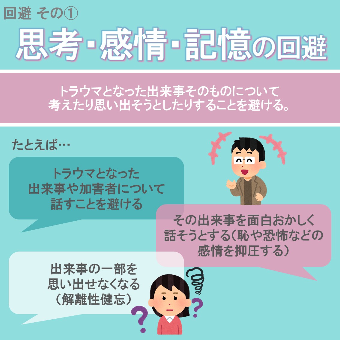 staa_psychology's tweet photo. 【PTSDの回避症状】
・思考／感情／記憶の回避
・トリガーの回避 https://t.co/1UIVutYOfV