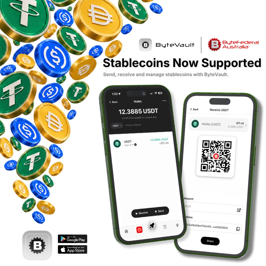 ByteFederalAU's tweet photo. Bitcoin. Ethereum. Lightning. Stablecoins.

ByteVault brings multiple digital assets together in one wallet, with support for BTC, ETH, USDT, USDC, DAI and Lightning.

Send, receive and manage your crypto from one connected experience.

#Bitcoin #Stablecoins #Ethereum #ByteVault https://t.co/Nlrypj5bVr