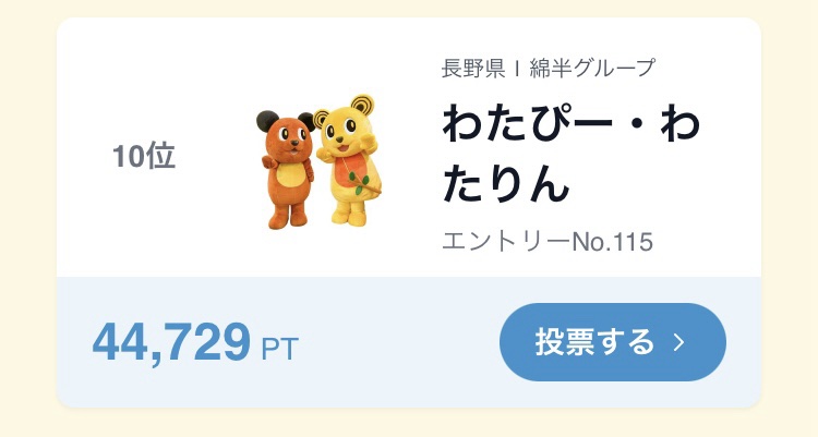 watap_watahan's tweet photo. ＼🐻現在10位🐻／
【ゆるバース2026】
🧡「わたぴー・わたりん」💛 現在 44,729PT

決選投票イベント＆オンライン投票終了まで
あと4日となりました🐻🐻

決選投票イベントのブース紹介投稿はのちほど😊
わたぴー・わたりんブース、
楽しい企画が盛りだくさんなのでご期待ください✨

わたぴーのグッズセットが当たる
ラストスパートキャンペーンも
10/3(土)まで開催中ですので、
ぜひぜひふるってご応募ください📢

チームわたぴー・わたりん一丸となって、
一桁台順位を目指していくぞ～！🐻❤️‍🔥
本日も投票よろしくお願いします🧡📣💛

🗳️投票期間：8/1(土)～10/3(土)23:59まで🗓️

投票方法はとっても簡単！
↓
①スマートフォン・PC・タブレットなどの端末から
「ゆるナビ」公式サイトにログイン
https://t.co/W6fyCHxaql
②無料ID登録（1分で登録完了！）
③発行されたIDで「ゆるナビ」にログイン
④1人1日1回投票ができるので、
「わたぴー・わたりん」に毎日投票をお願いします！

#ゆるバース2026 #わたぴー #わたりん #綿半