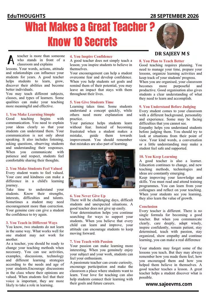 BenSorowen's tweet photo. What Makes a Great Teacher? 
https://t.co/10AKeGXr9d
Great teaching is not only about completing the syllabus. It is about inspiring students, building confidence, understanding learners and making learning meaningful. https://t.co/GQ3UGIrfOH