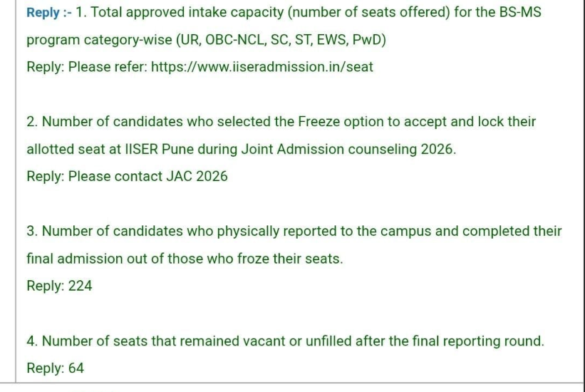 IAT2026's tweet photo. URGENT! 64 seats are vacant in IISER PUNE, official RTI data. Same is the case with other IISERs too, this is a massive waste of national seats. We Want Spot rounds!

@IISERPune 
@iiserbhopal 
@IISERAdmissions 
@EduMinOfIndia 
@JoshiPralhad 
@yaminirathi 
@aajtak
@ndtv
@ABPNews https://t.co/B6ygKgcipv