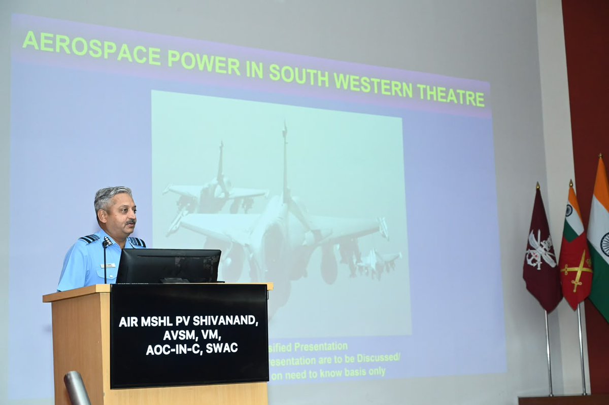 HQ_IDS_India's tweet photo. Air Marshal PV Shivanand, AOC-in-C, @SWAC_IAF, interacted with student officers of #DSTSC09 & other ongoing courses at #MILIT and delivered a talk on “Aerospace Power in South Western Theatre".

Drawing on operational experience, he shared valuable insights on Indian Air Strategy, Concept of Operations, Capabilities in Joint Operations, with lessons from #OpSindoor and contemporary conflicts.

The interaction reinforced the significance of integrating aerospace power with joint capabilities and dynamic decision-making to retain operational agility and achieve decisive effects in the evolving battlespace.

#ProfessionalMilitaryEducation #Jointness 
#AerospacePower 

@DefenceMinIndia 
@SethSanjayMP
@SpokespersonMoD
@Def_PRO_Chennai