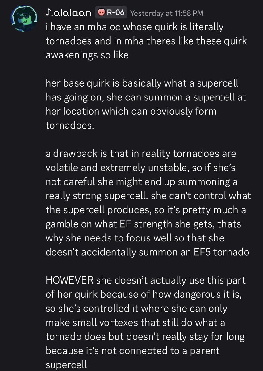 directedcarl's tweet photo. “don’t give your oc an OP quirk!” man she cant even use it that much 😭

id like to add that she can only summon only one tornado w/ her base quirk 

this is a draft because i still need to think more on her quirk and do some research 🤔🤔🤔🤔 https://t.co/FH7xcuoSGQ