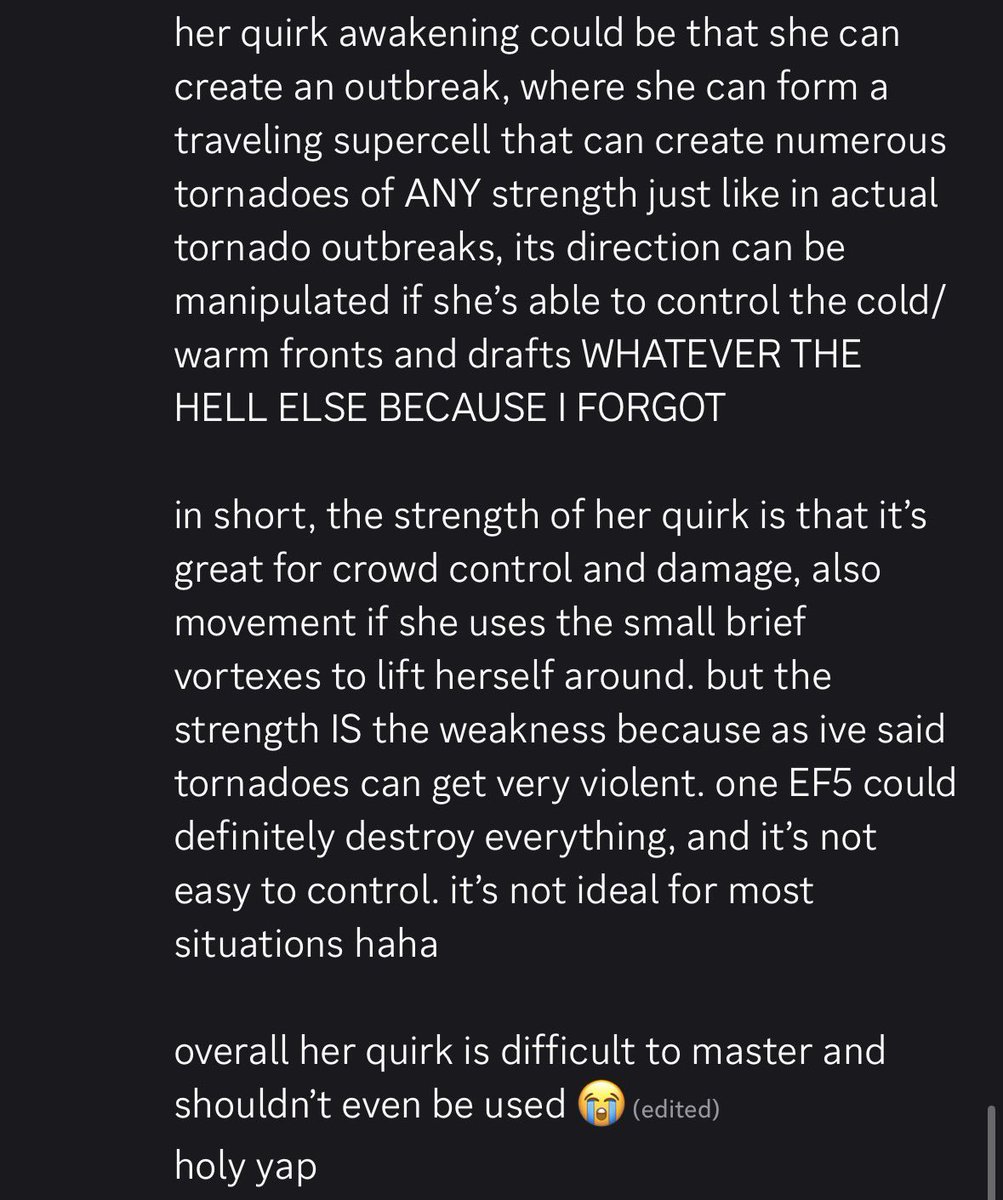 directedcarl's tweet photo. “don’t give your oc an OP quirk!” man she cant even use it that much 😭

id like to add that she can only summon only one tornado w/ her base quirk 

this is a draft because i still need to think more on her quirk and do some research 🤔🤔🤔🤔 https://t.co/FH7xcuoSGQ
