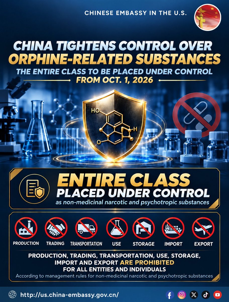 ChineseEmbinUS's tweet photo. #China has tightened control over orphine-related substances and stepped up efforts to prevent sensitive chemicals from entering illegal channels, reinforcing law-based narcotics control and source governance. 🇨🇳💪🏻 https://t.co/ucyPEfHrCi