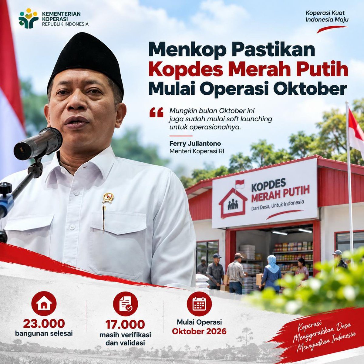 BocelNestapa's tweet photo. Menkop pastikan Kopdes Merah Putih mulai operasi Oktober 2026, hidupkan ekonomi desa #dukungKDKMP https://t.co/OLb85CniMd