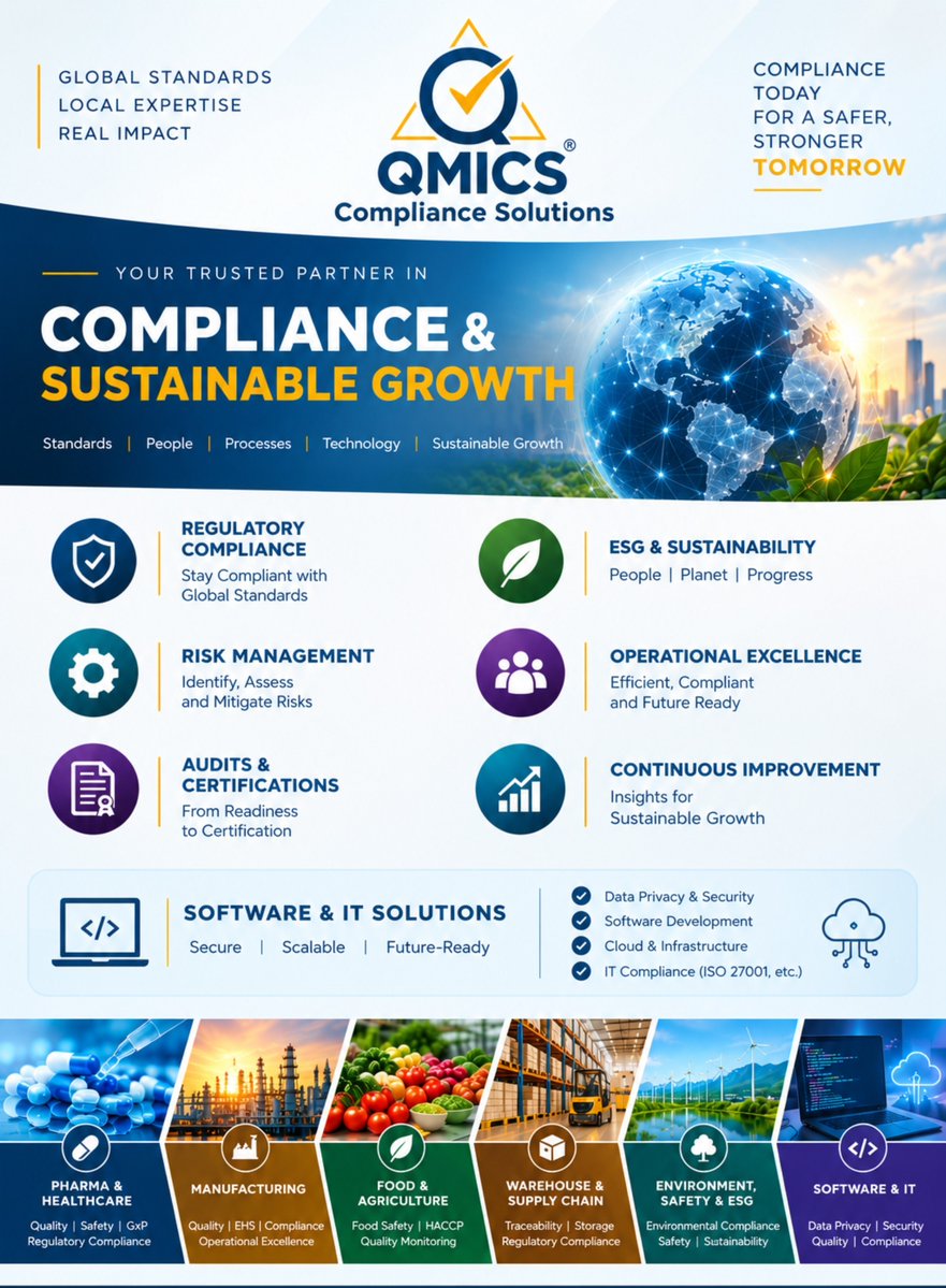 QmicsGroup's tweet photo. 🌍 Compliance. Security. Sustainable Growth.
At QMICS Compliance Solutions, we empower businesses with smarter Compliance, Risk Management, ESG, Audits &amp; Software and IT Solutions.
🚀 Secure. Scalable. Future-Ready.
🤝 Compliance builds trust. Together, we build a safer tomorrow. https://t.co/ZsHY1OFLjS