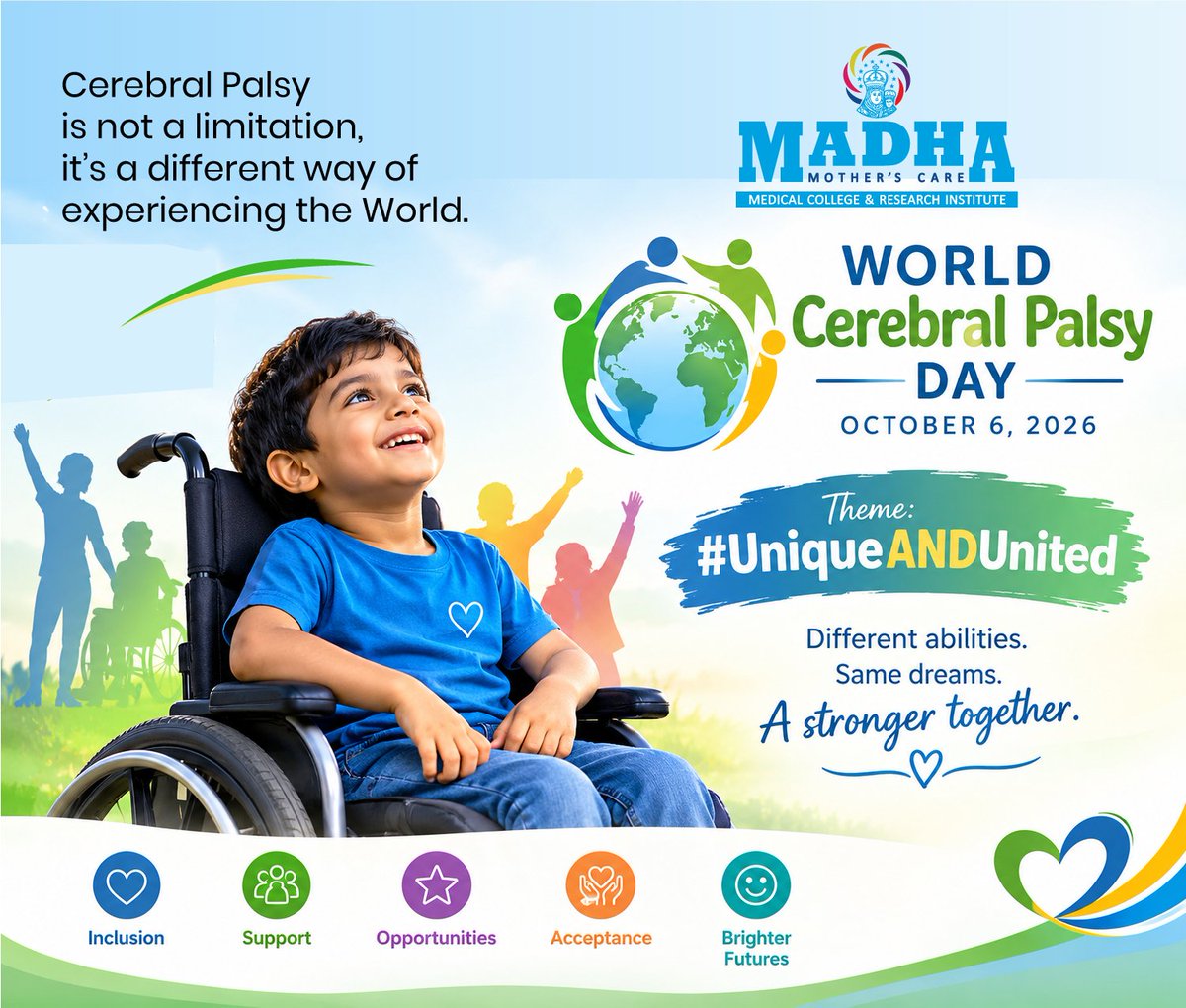 SMmcri's tweet photo. #WorldCerebralPalsyDay
October 6, 2026
Theme: #UniqueANDUnited
Abilities shine brighter than limitations. Let’s celebrate strength, courage, and resilience, honoring every individual’s potential to inspire, achieve, and create change. https://t.co/7xSQhCeLlV
