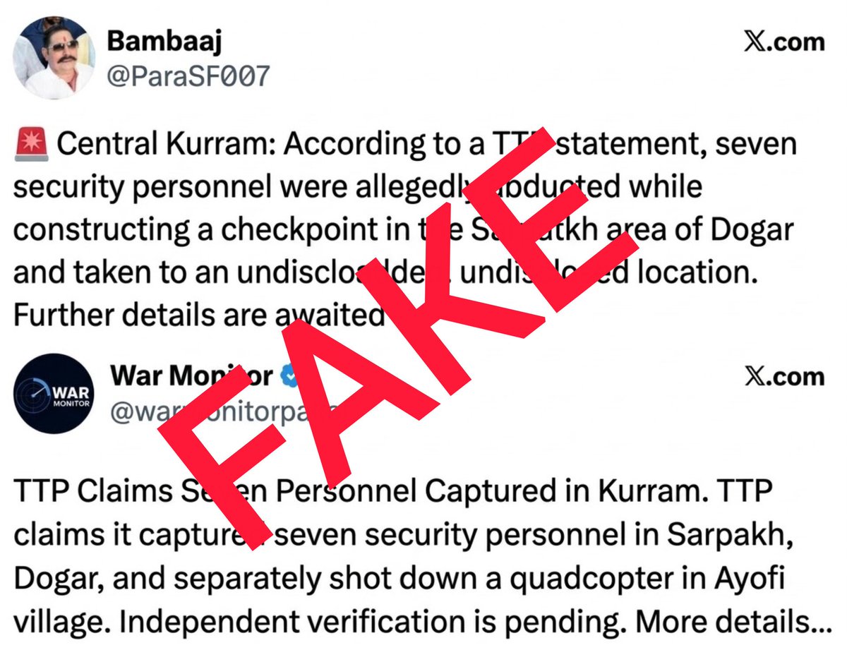 PNoor26629's tweet photo. False and baseless claims about Kurram are once again being pushed by Indian propaganda accounts. No verified reports support claims of security personnel being abducted or a quadcopter drone incident occurring there. Facts matter propaganda cannot replace reality.#FakePropaganda https://t.co/1yuhIHQudk