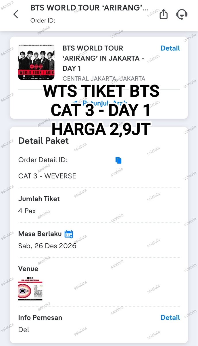 notkelesa's tweet photo. WTS TIKET BTS ARIRANG JAKARTA

DAY 1 CAT 3 — Rp 2.900.000
- COD Bandung
- diurus sampe wb

dm atau wa di link bio aku buat yang minat atau mau detail nya!
#bts #BTS_WORLDTOUR_ARİRANG #BTS_ARİRANG https://t.co/oYACBAHSGz