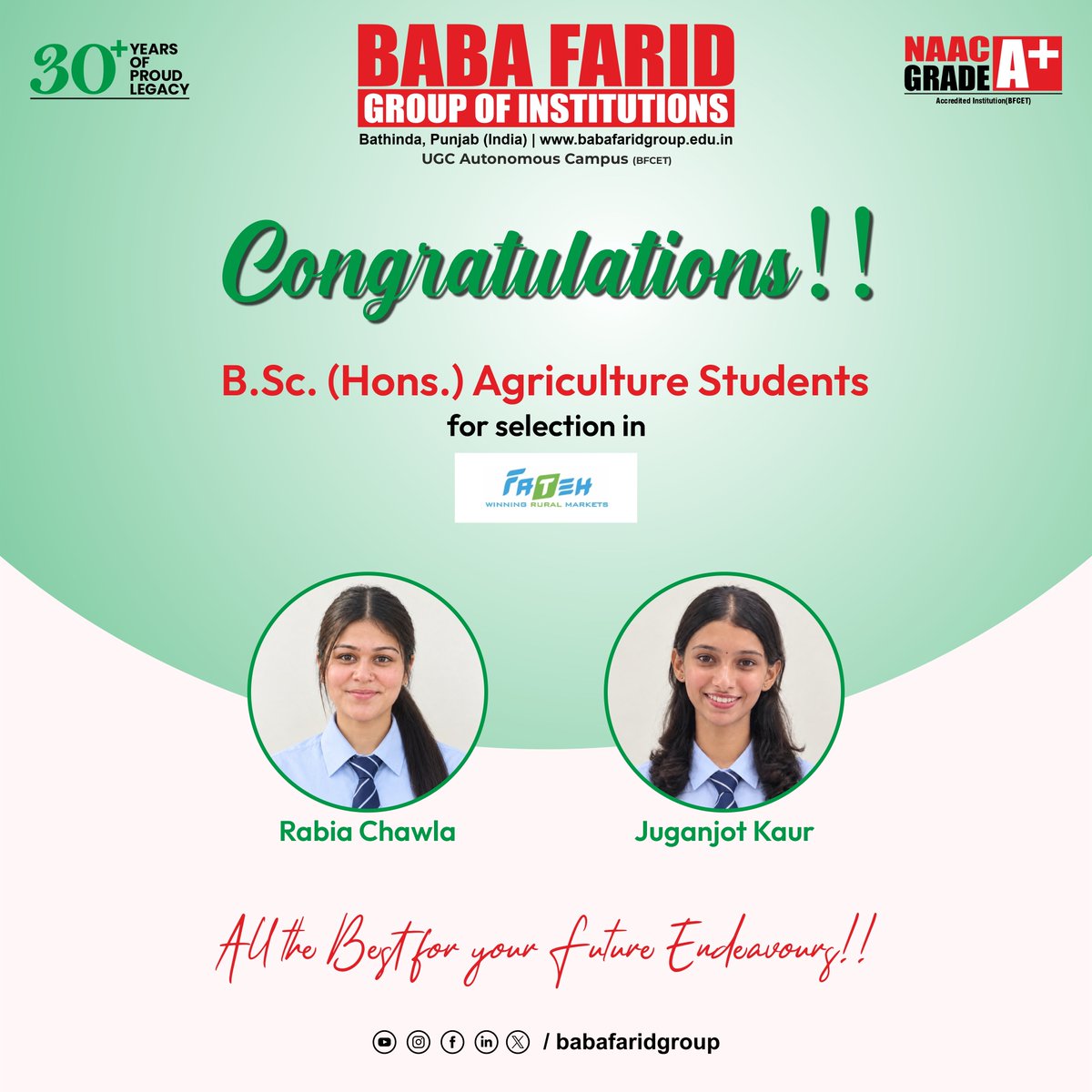 BabaFaridGroup's tweet photo. A proud moment for #BFGI!
Our https://t.co/JRSQK5HRmK. (Hons.) Agriculture students have been selected by FATEH, reflecting the impact of practical, industry-aligned & future-ready education.
Heartiest congratulations!
#BFGI
#StudentAchievement #CareerSuccess
#BFGIBathinda https://t.co/lTIAMJn3JM