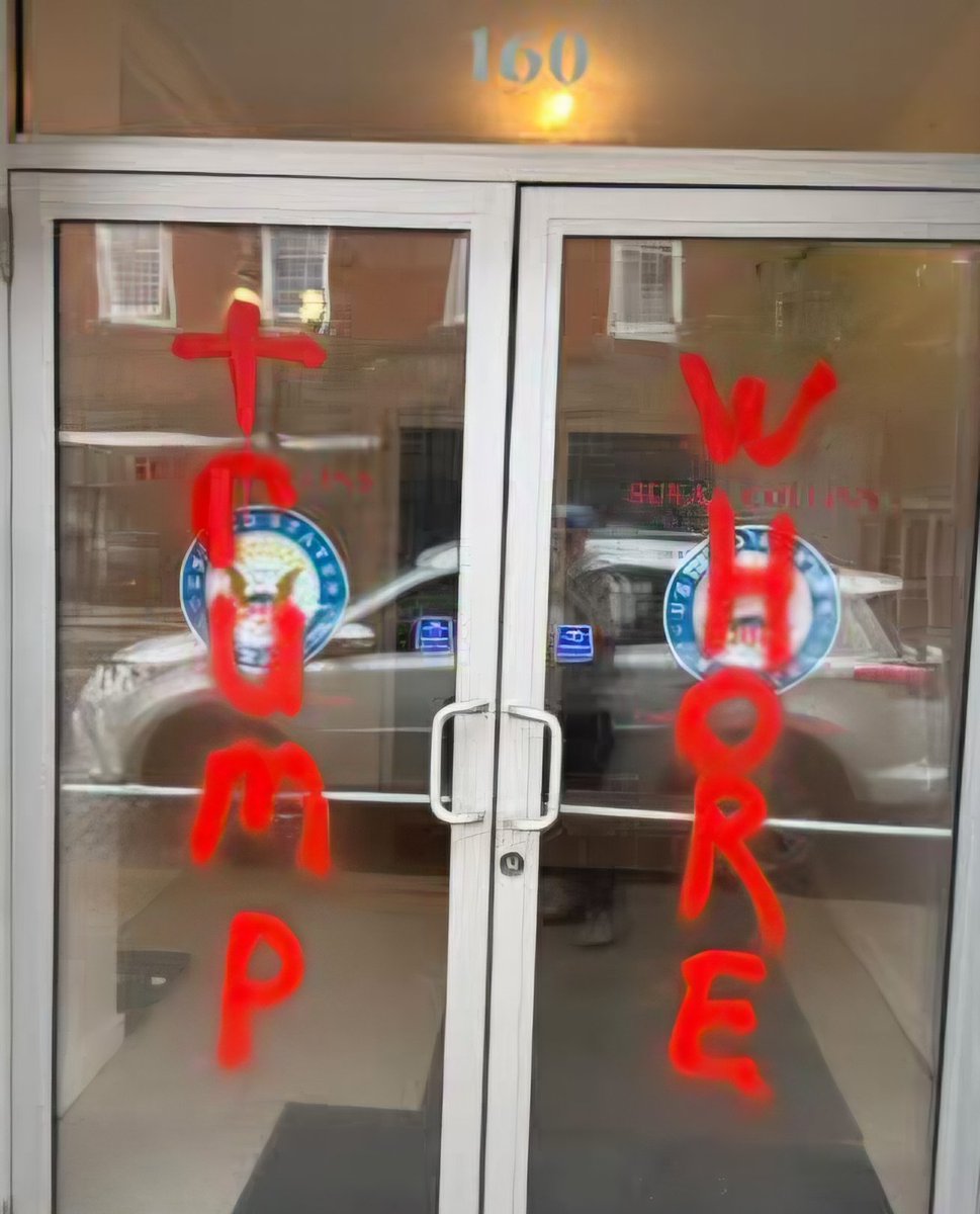 BiddefordBuzz's tweet photo. BREAKING EXCLUSIVE: Senator Collins Biddeford Office Vandalized

September 28, 2026, A message written in red spray paint on the front doors of U.S. Senator Susan Collins Biddeford office appeared overnight that reads "TRUMP WHORE".

#news #maine #election #politics #vote https://t.co/6FzYv0bBnd