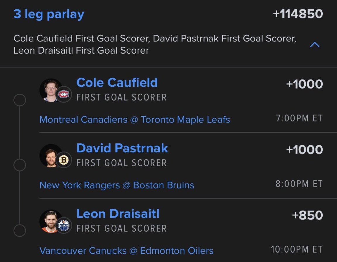 cashflowsports2's tweet photo. 🔥🏒 3-LEG NHL FIRST GOAL SCORER PARLAY 🔥

📈 +114850 ODDS

1️⃣ Cole Caufield — First Goal Scorer (+1000)
2️⃣ David Pastrnak — First Goal Scorer (+1000)
3️⃣ Leon Draisaitl — First Goal Scorer (+850)

💥 3 PICKS • +114850

@cashflowsports2 

#NHL #HockeyPicks #FirstGoalScorer #NHLBetting #ParlayPicks #SportsBetting @Playbook