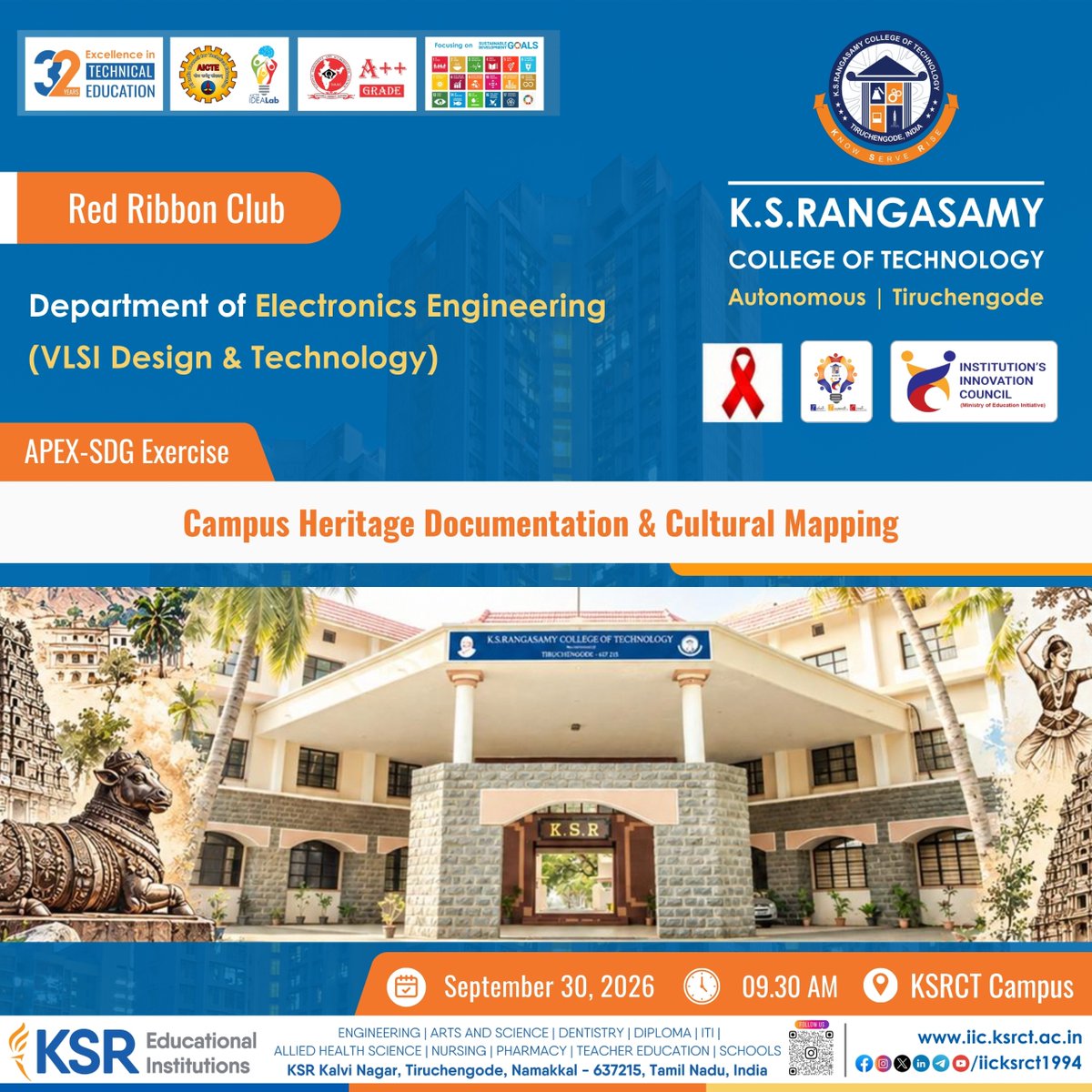 iicksrct1994's tweet photo. ๐๏ธ APEXโSDG Exercise: Campus Heritage Documentation & Cultural Mapping
Dept. of ECE-VLSI & Red Ribbon Club, KSRCT
๐
30 Sep 2026 | โฐ 9:30 AM โ 12:30 PM
๐ KSRCT Campus
#CampusHeritage #APEXSDG #KSRCT https://t.co/7xdqeqmrvJ