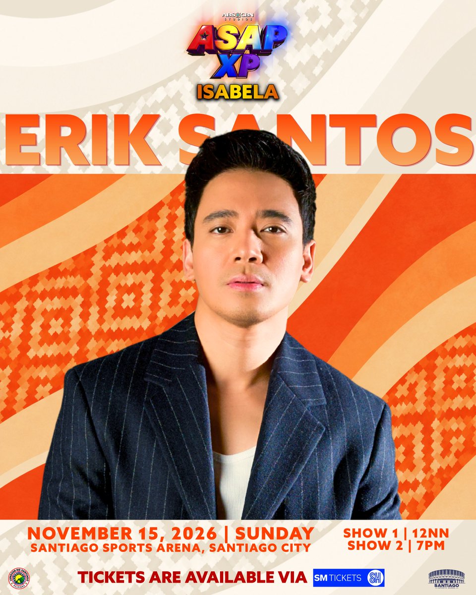 ASAPOfficial's tweet photo. This Is The Moment para kumuha na ng tickets for ASAP XP Isabela! 🤩

ERIK SANTOS is joining the biggest concert party in Cagayan Valley! ✨Kaya samahan niyo sa pagkanta ang Pop Ballad Royalty LIVE sa Santiago Sports Arena, November 15, Sunday!

Buy your tickets via SM Tickets and secure seats now!

https://t.co/hsrdhfobi1

#ASAPXP #ASAPXPIsabela #ErikSantos