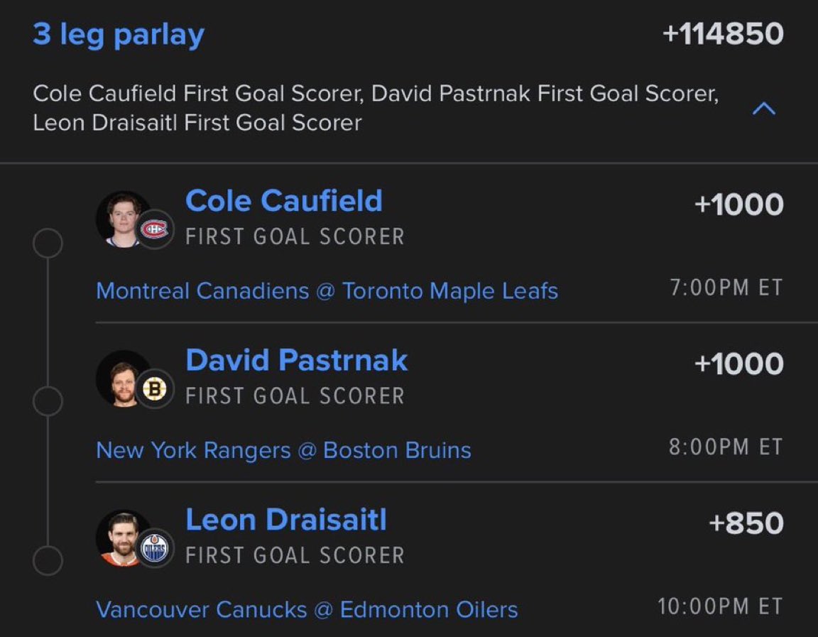 cashflowsports2's tweet photo. 🔥🏒 3-LEG NHL FIRST GOAL SCORER PARLAY 🔥

📈 +114850 ODDS

1️⃣ Cole Caufield — First Goal Scorer (+1000)
2️⃣ David Pastrnak — First Goal Scorer (+1000)
3️⃣ Leon Draisaitl — First Goal Scorer (+850)

💥 3 PICKS • +114850

@cashflowsports2 

#NHL #HockeyPicks #FirstGoalScorer #NHLBetting #ParlayPicks #SportsBetting @Playbook