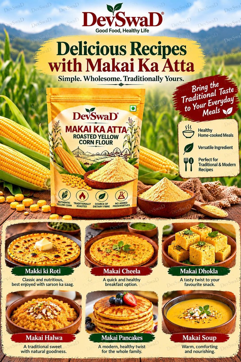 devswad's tweet photo. From Traditional Corn to Your Kitchen
What Makes DevSwaD Makai Ka Atta Special
DevSwaD Roasted Yellow Corn Flour brings the authentic taste of Makai Ka Atta to your kitchen in a convenient, easy-to-use form. Carefully selected, traditionally roasted and finely milled to preserve its distinctive aroma, flavour and character.
WhatsApp 7975242828
Buy on https://t.co/GHNqyZ5tK9
https://t.co/xN1Ocw8eoT
• Authentic Yellow Corn — Made from carefully selected quality yellow corn.
• Traditional Roasting — Gently roasted to enhance its natural corn aroma and flavour.
#MakaiAtta #MakaiKaAtta #MakkiAtta #MakkiKiRoti #DevSwaD #YellowCornFlour #CornFlour #PunjabiFood #IndianFood #TraditionalFood #DesiFood #GlutenFree #HealthyFood #VocalForLocal #AuthenticTaste