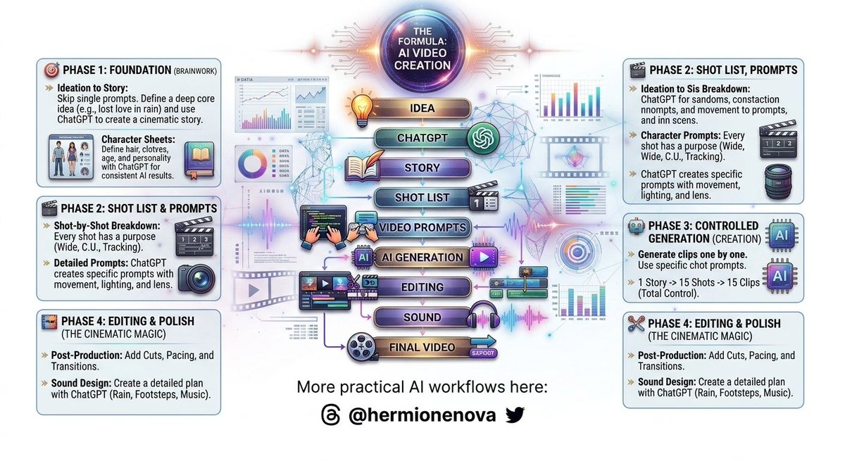 hermionenova's tweet photo. 🎬 AI video is everywhere right now.

But most people are using AI the wrong way.

They open a video generator, type one prompt…

…and hope for a cinematic result.

There’s a better workflow.

Use ChatGPT BEFORE your video generator.

Here’s how to build a cinematic AI video from scratch 👇🧵

1. START WITH THE STORY

Don’t start with:

👉 “Create a cinematic video.”

Start with an actual idea.

Example:

«A man walks through Tokyo at midnight in heavy rain, searching for someone he lost.»

Then ask ChatGPT to turn that idea into a short cinematic story.

2. BUILD THE STORY WITH CHATGPT

Ask for:

→ Hook
→ Beginning
→ Conflict
→ Ending
→ Characters
→ Environment
→ Mood
→ Visual style

Now you have a story, not random AI-generated clips.

3. TURN THE STORY INTO SHOTS

Break the story into individual shots:

🎥 Establishing shot
🎥 Wide shot
🎥 Medium shot
🎥 Close-up
🎥 Tracking shot
🎥 Over-the-shoulder
🎥 Final reveal

Every shot should have a purpose.

4. WRITE A PROMPT FOR EVERY SHOT

Ask ChatGPT to create a detailed video prompt for each shot.

Include:

• Subject
• Environment
• Camera angle
• Camera movement
• Lighting
• Time of day
• Mood
• Lens/look
• Motion
• Visual style

One vague prompt becomes a complete shot-by-shot production plan.

5. FIX CHARACTER CONSISTENCY

AI video often struggles with consistency.

The face changes.
The clothes change.
The hairstyle changes.

Before generating, ask ChatGPT for a:

Character Reference Sheet

Include:

→ Face
→ Hair
→ Clothing
→ Age
→ Accessories
→ Personality
→ Visual details

Reuse these details across every shot.

6. GENERATE THE CLIPS

Now take your prompts into your preferred AI video generator.

Generate one shot at a time.

Not:

❌ One prompt → entire movie

Instead:

1 Story → 15 Shots → 15 Clips

Much more control. Much better storytelling.

7. NOW COMES THE REAL MAGIC

Bring the clips into your video editor.

Work on:

✂️ Cuts
🎬 Pacing
🔄 Transitions
🎵 Music
🔊 Sound effects
🎙️ Voice-over
🎨 Color grading

AI creates the footage.

Editing creates the cinematic experience.

8. DON’T IGNORE SOUND

Great visuals can still feel empty without sound.

Add:

🌧️ Rain
👣 Footsteps
🚗 Traffic
🌬️ Wind
🏙️ Ambient sound
🎵 Background music

You can even ask ChatGPT:

«“Create a shot-by-shot sound design plan for this video.”»

9. FINAL CINEMATIC POLISH

Before exporting:

✅ Story flows
✅ Character stays consistent
✅ Shots match
✅ Audio feels natural
✅ Colors are consistent
✅ Pacing feels right
✅ Opening seconds are strong

Then export. 🎬

THE FORMULA

IDEA
↓
CHATGPT
↓
STORY
↓
SHOT LIST
↓
VIDEO PROMPTS
↓
AI GENERATION
↓
EDITING
↓
SOUND
↓
FINAL VIDEO

The biggest mistake?

Using AI only as a video generator.

Use ChatGPT as the brain behind the production.

Plan → Generate → Edit → Polish.

More practical AI workflows here:

"@hermionenova"