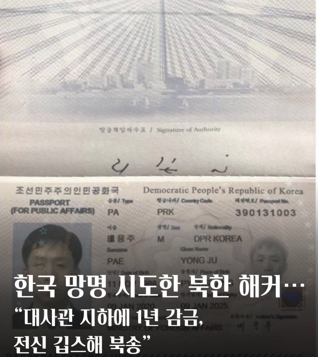 HodlKing21M's tweet photo. 북한 해커 배용주, 38세.
중국에서 코인 털고 우리 정부기관 해킹하던 놈임.

그런 놈이 한국으로 오겠다고 탈출함.
몽골 국경 넘다가 중국 공안한테 잡힘.

중국은 6개월 취조하고
북한 영사관에 넘겨버림.

그다음은 베이징 북한대사관 지하.
거기 1년 갇혀서 취조받음.

2023년 8월, 평양행 비행기.
온몸에 깁스 씌우고 휠체어에 태움.
소리도 못 지르고 도망도 못 가게.
승객들은 그냥 환자인 줄 알았음.

평양 도착하고 얼마 안 가
사망한 ��으로 파악됨.

우리한테 오겠다던 사람이었음.
중국은 붙잡아서 북한에 넘겼고
북한은 깁스 씌워서 끌고 감.

근데 우리 정부는 조용함.
중국 눈치, 북한 눈치 보느라 바쁨.

2019년엔 우리 정부가 직접
탈북 어민 둘을 눈 가리고 판문점으로 넘겼음.
그때 그 사람들이 지금 또 정권 잡고 있음.