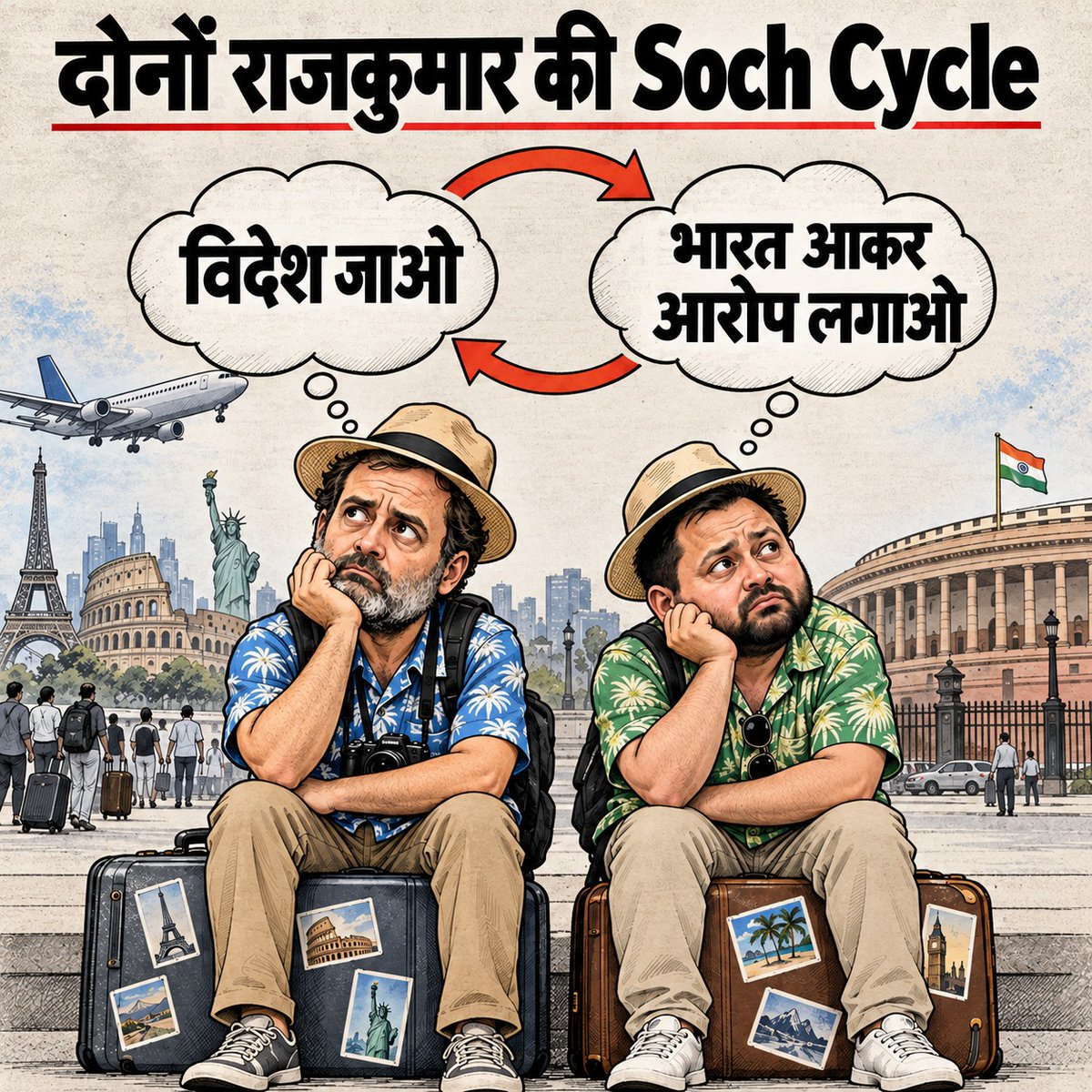 BJP4Bihar's tweet photo. राजकुमारों का Soch Cycle फिक्स्ड है!

विदेश जाओ, सैर करो… और लौटते ही आरोपों का नया एपिसोड शुरू करो। https://t.co/OFGPEoDsvS