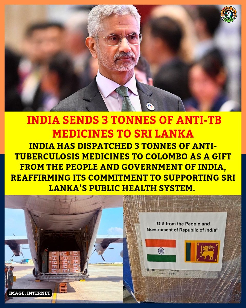 IYIndia's tweet photo. 🇮🇳🤝🇱🇰 INDIA SENDS 3 TONNES OF ANTI-TB MEDICINES TO SRI LANKA

India has dispatched 3 tonnes of anti-TB medicines to Colombo as a gift to support Sri Lanka’s public health system and strengthen bilateral ties. ❤️

#India #SriLanka #Jaishankar #Healthcare https://t.co/Q2mwPrYrGm