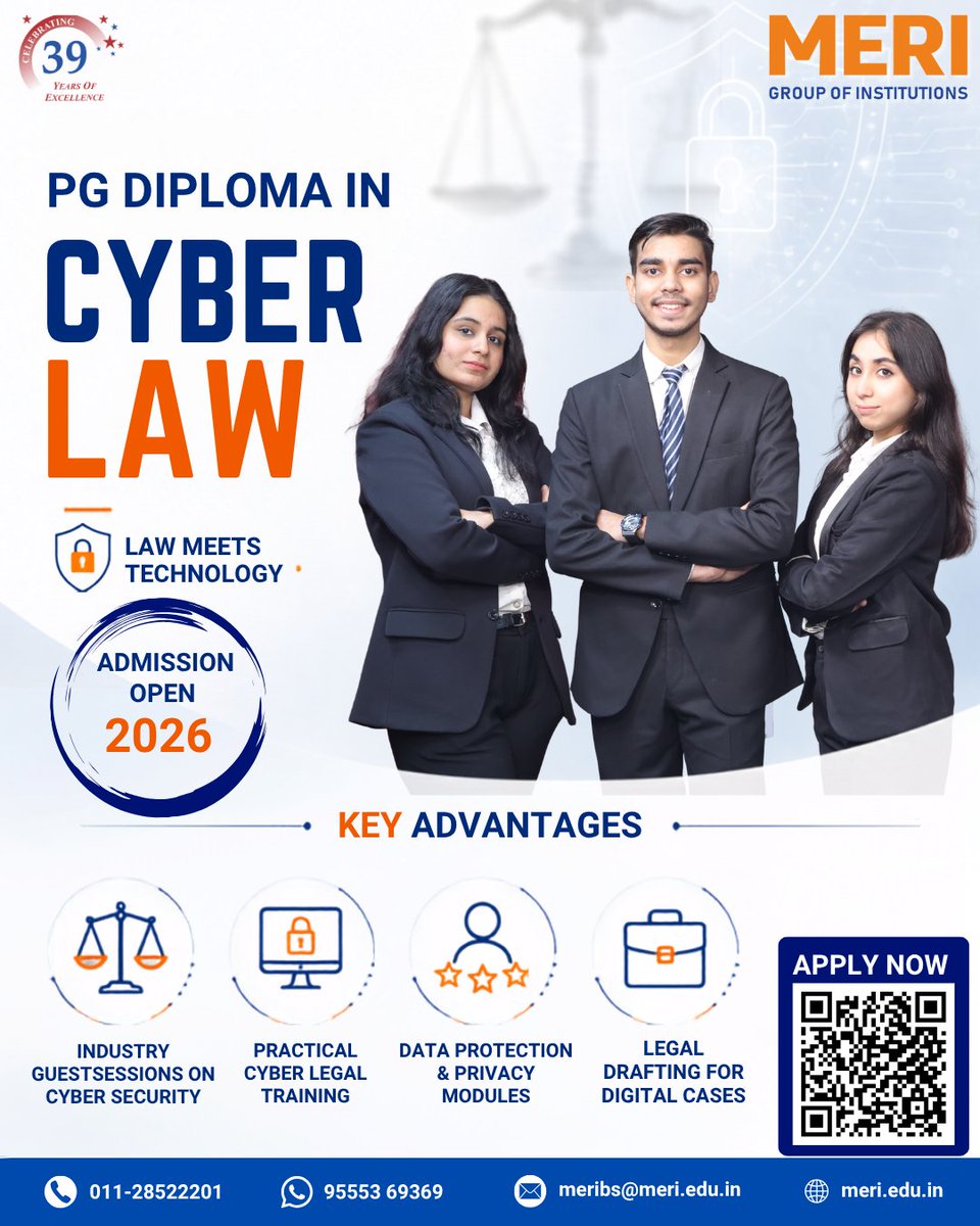 meri_college's tweet photo. Build practical skills in cybersecurity, data protection, privacy, digital law & legal drafting through the PG Diploma in Cyber Law at MERI.
Apply Now: https://t.co/L1gFoQvhxW
#merigroupofinstitutions #cyberlaw #digitallaw #cybersecurity #pli @LalitAg23866123 https://t.co/i1e6HZJK37