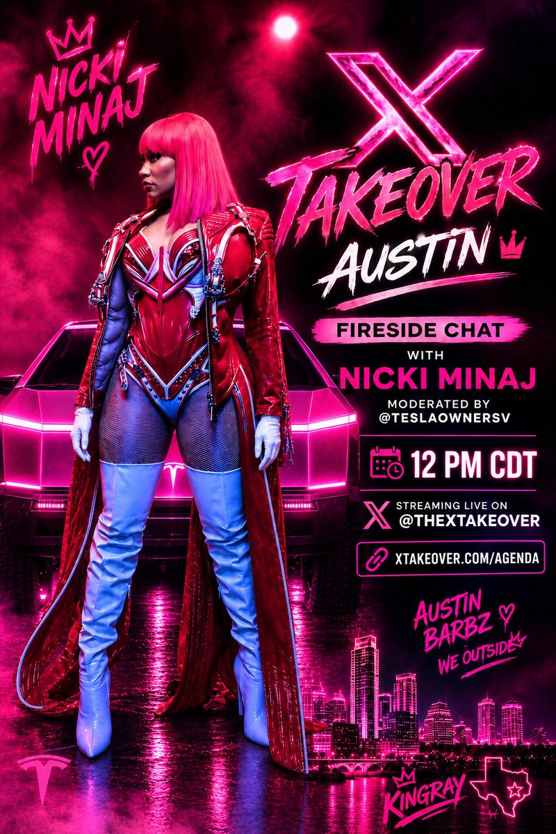 KingRayMontana_'s tweet photo. 🚨X TAKEOVER X GAG CITY AUSTIN! 🚨
NICKI MINAJ — FIRESIDE CHAT 12 PM CDT Streaming LIVE on @TheXTakeover Austin, Texas
The Barbz are outside! 🩷👑
@NICKIMINAJ @teslaownersSV  #NickiMinaj #XTakeover #Austin #Barbz https://t.co/oyQ8xEZfeP
