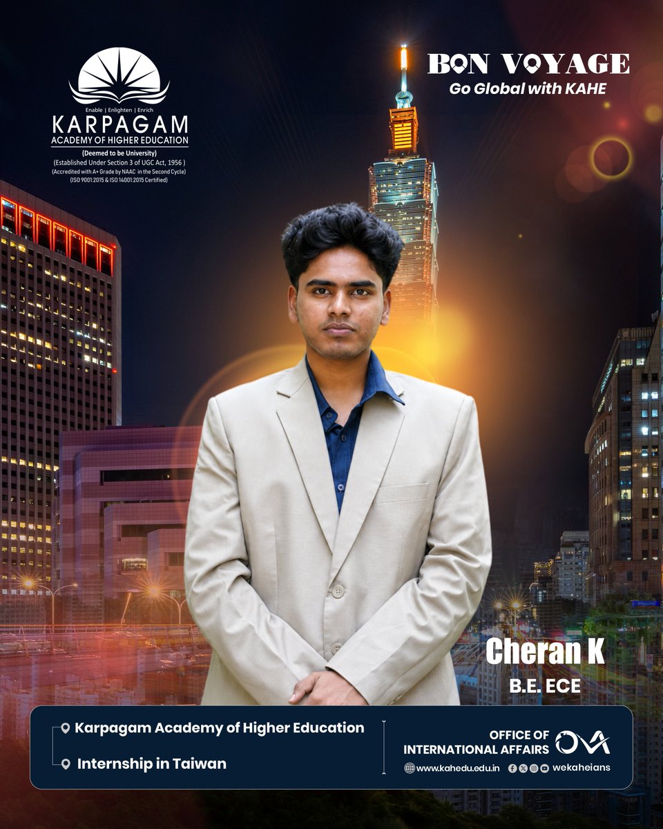 wekaheians's tweet photo. π Bon Voyage, Cheran K! βοΈ
KAHE proudly celebrates Cheran K, B.E. ECE, on his International Internship in Taiwan. A remarkable opportunity to gain global exposure, experience, and professional insights. πΉπΌβ¨
#KAHE #BonVoyage #InternationalInternship #Taiwan #GoGlobalWithKAHE https://t.co/lieUST7jot