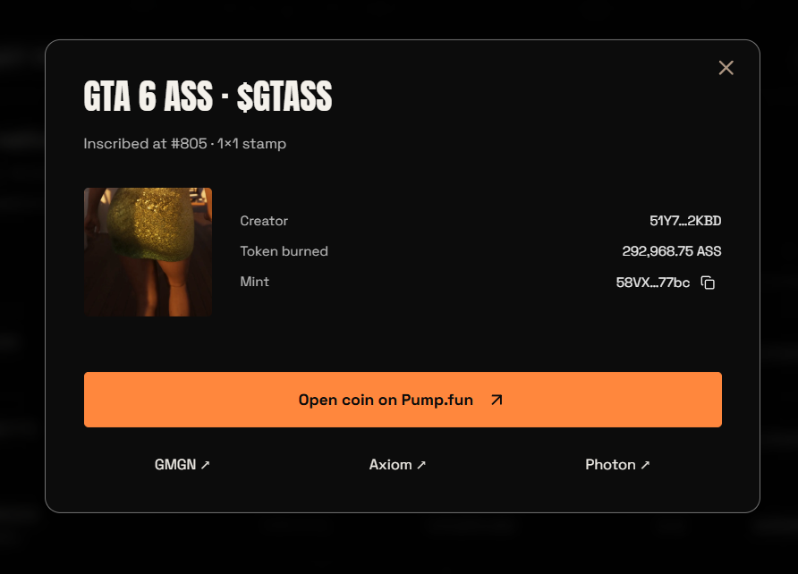ass_stamp's tweet photo. NEW LAUNCH DETECTED on https://t.co/MeAkYqakra
GTA 6 ASS · $GTASS
58VX8PKwcYrRBkdyJqgGGRPrQaYix8FvAgz2dA1z77bc

ASS STAMP Token burned 292,968.75 ASS https://t.co/c2LnBVCMRt