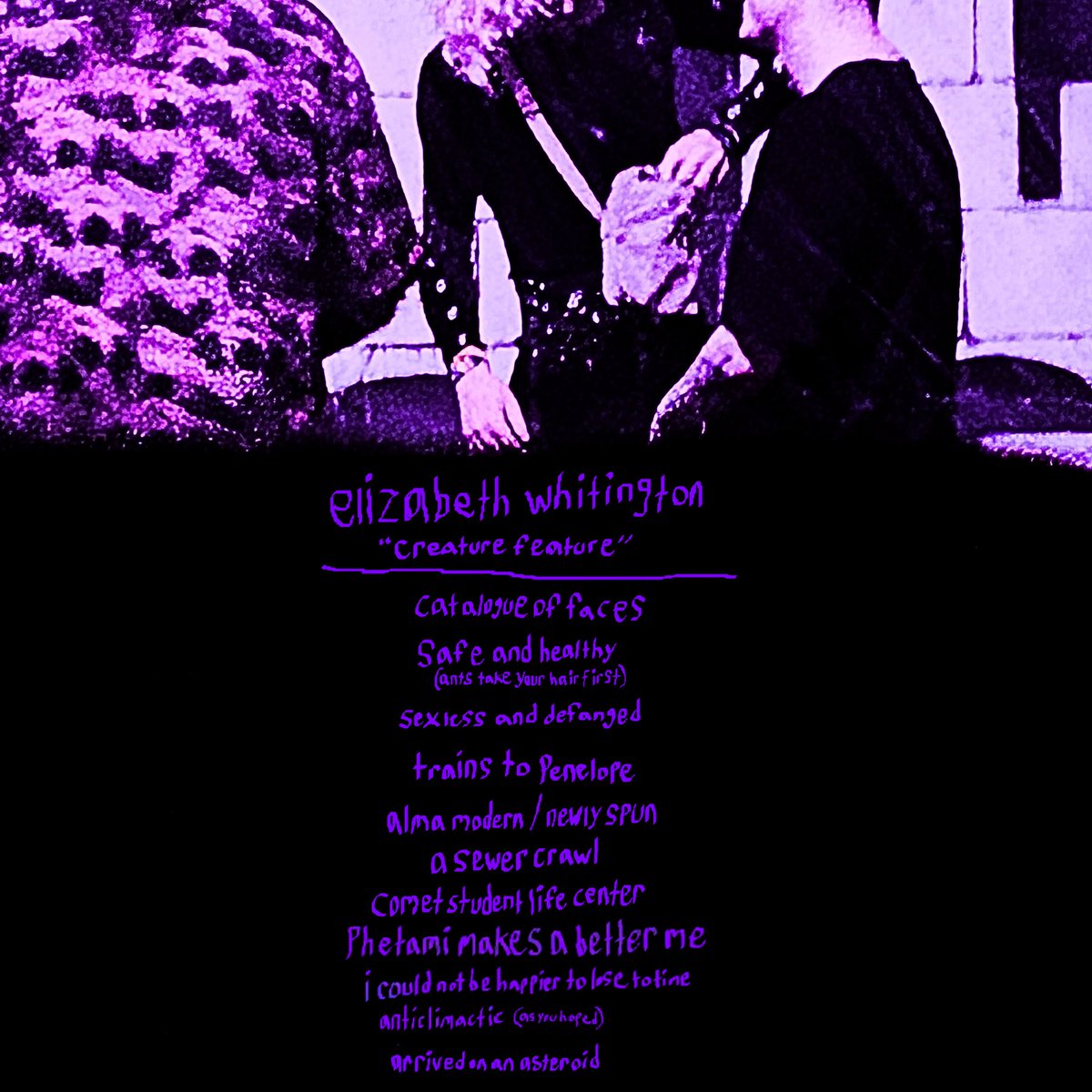 whiterlinggorl's tweet photo. elizabeth whitington
a selfish self-help album
"creature feature"
11 songs
11-25-26 https://t.co/iwfRGWnuPm
