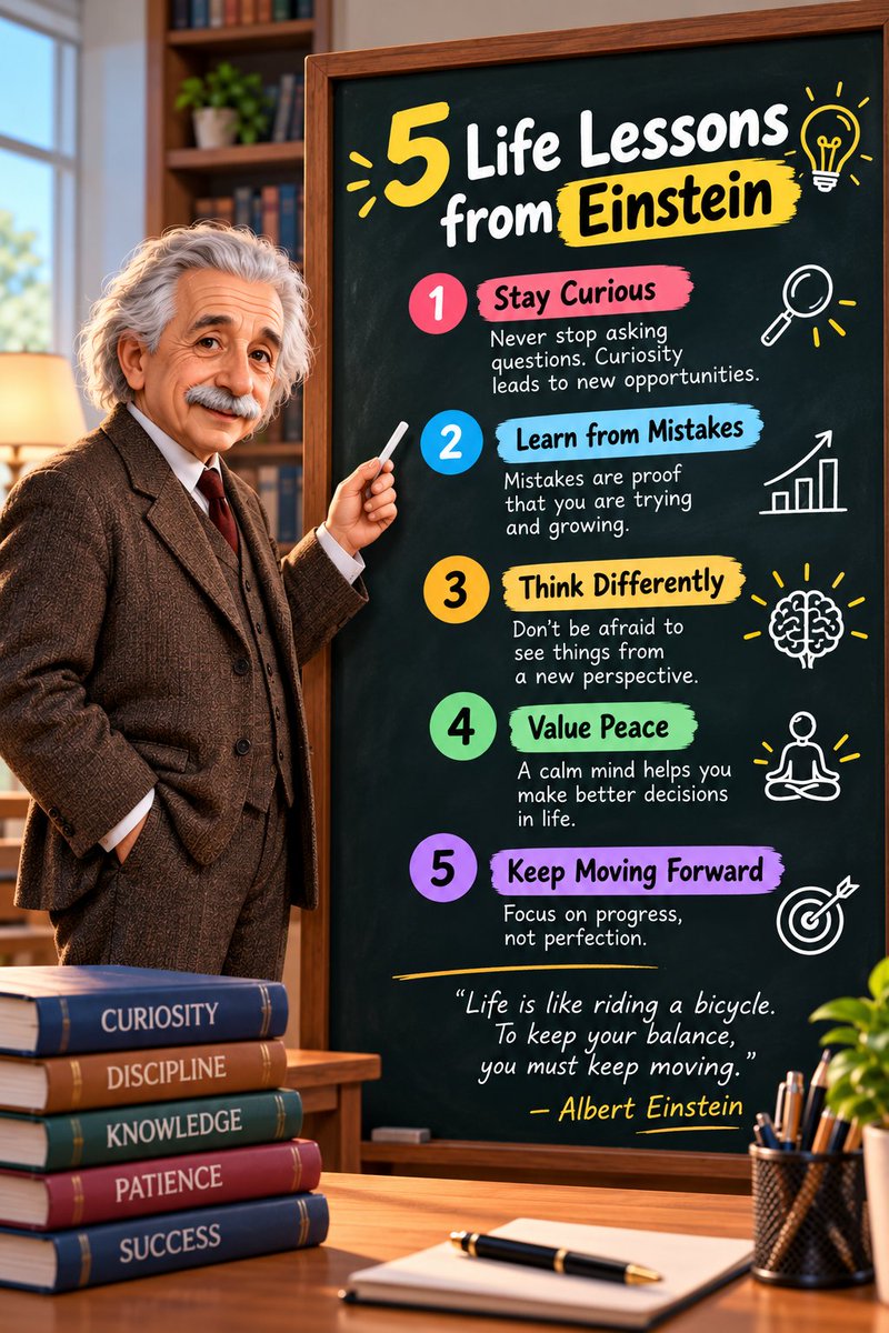 AdeebTechLab's tweet photo. 🧠 5 Life Lessons from Albert Einstein
#AlbertEinstein #LifeLessons #Motivation #KeepMovingForward #StayCurious #NeverGiveUp #GrowthMindset #LifeJourney #PersonalGrowth #Wisdom #BelieveInYourself #PositiveThinking #Inspiration https://t.co/A3HdlEuI0O
