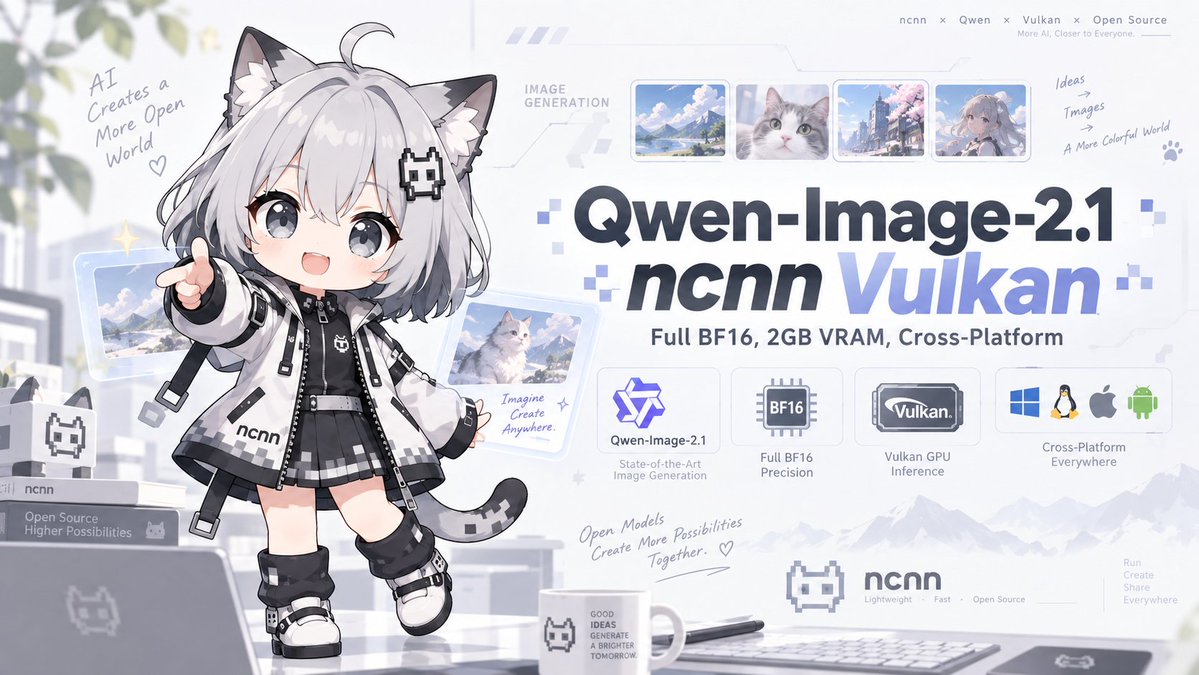 nihui's tweet photo. 用 ncnn 跑 Qwen-Image-2.1：完整 BF16、2GB 显存和全平台 Vulkan
https://t.co/lPLdyaiC4i
https://t.co/RtbbDs72jR https://t.co/HsqV30ommR
