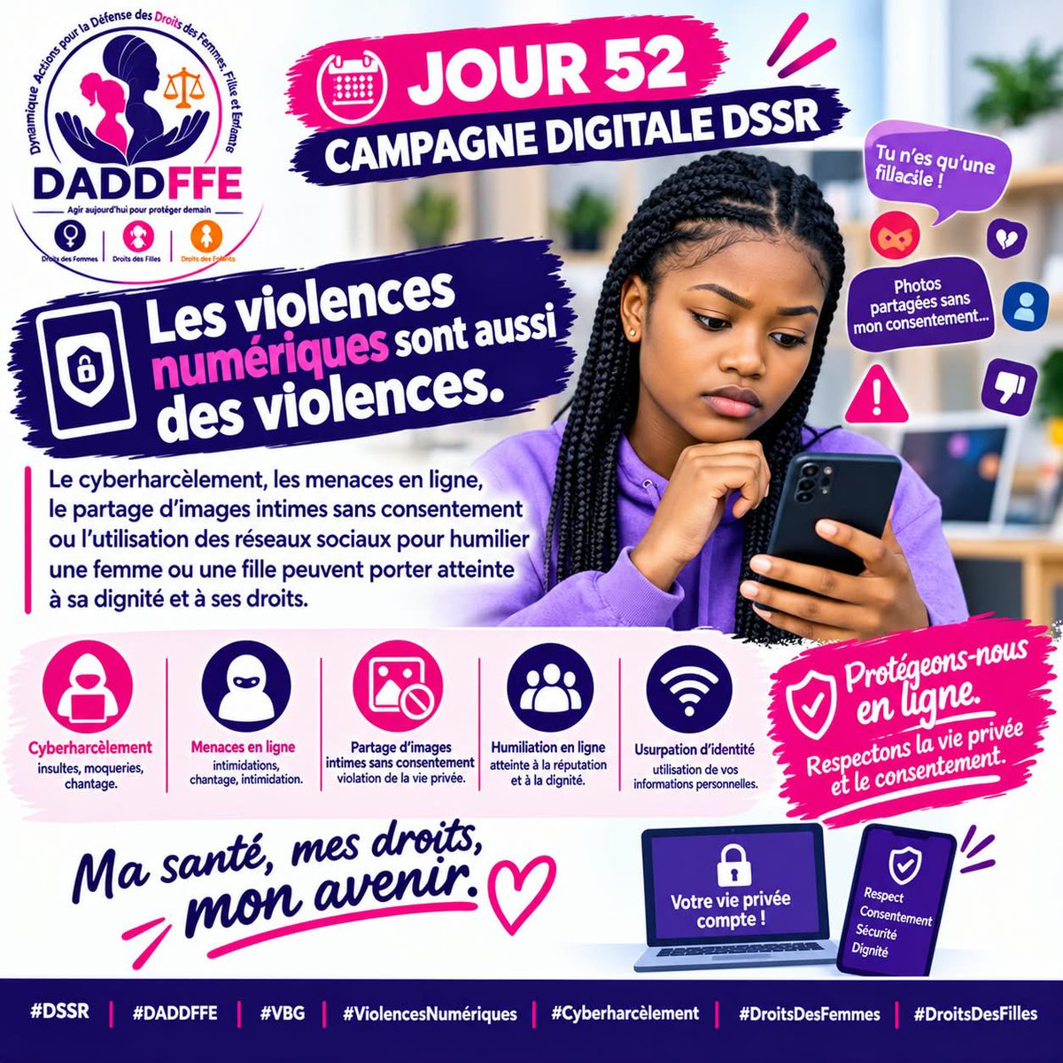 GuideonWamona's tweet photo. 📅 J52 | CAMPAGNE DSSR
📱 Les violences numériques sont aussi des violences.
💜 Respectons la vie privée et le consentement, en ligne comme ailleurs.
#DSSR #DADDFFE #VBG #ViolencesNumériques #Cyberharcèlement
@DADDFFEong https://t.co/uFUIGp4jNm